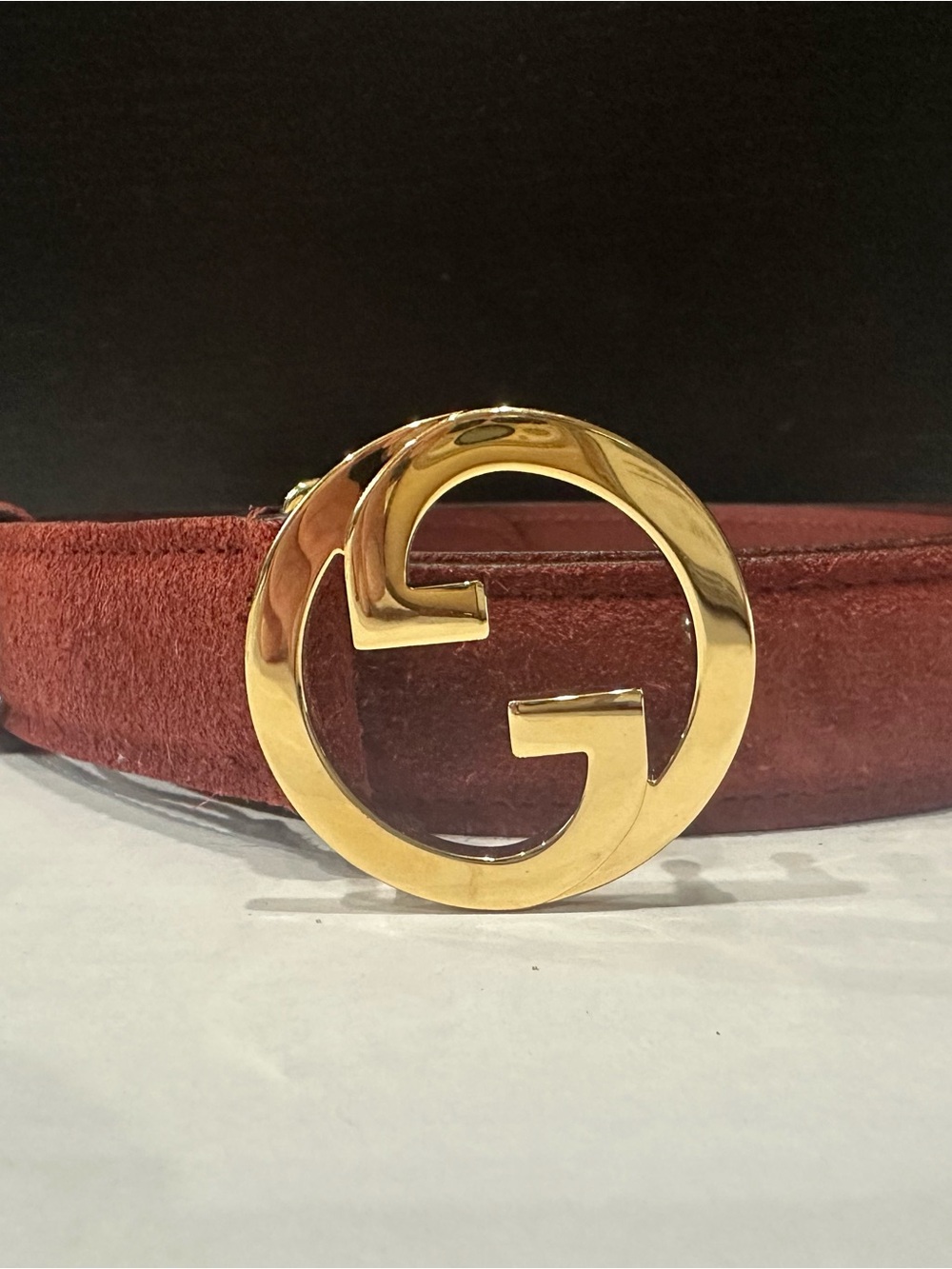 Gucci Gold Interlocking G Buckle Belt - Brown Suede
